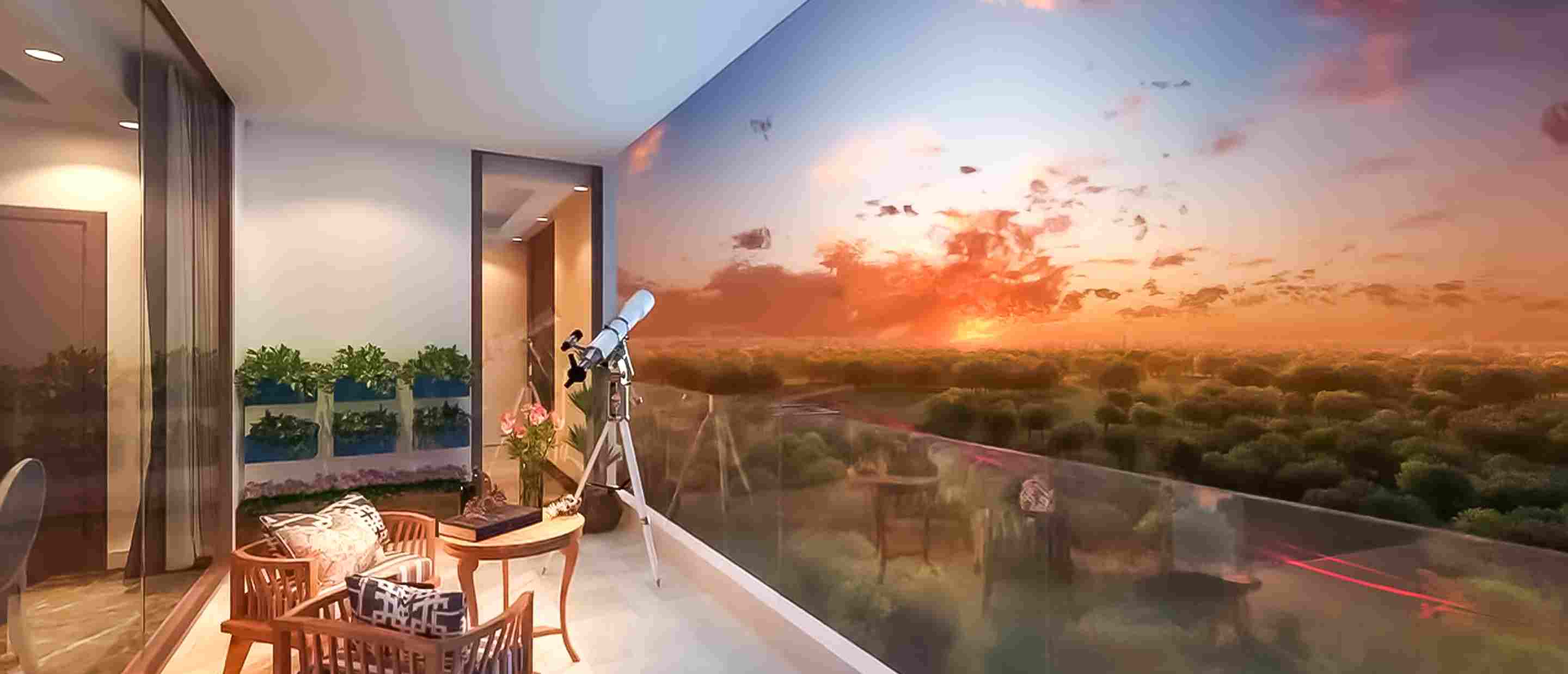 Luxury balcony view at The Crown apartments featuring a telescope and sunset over green landscape