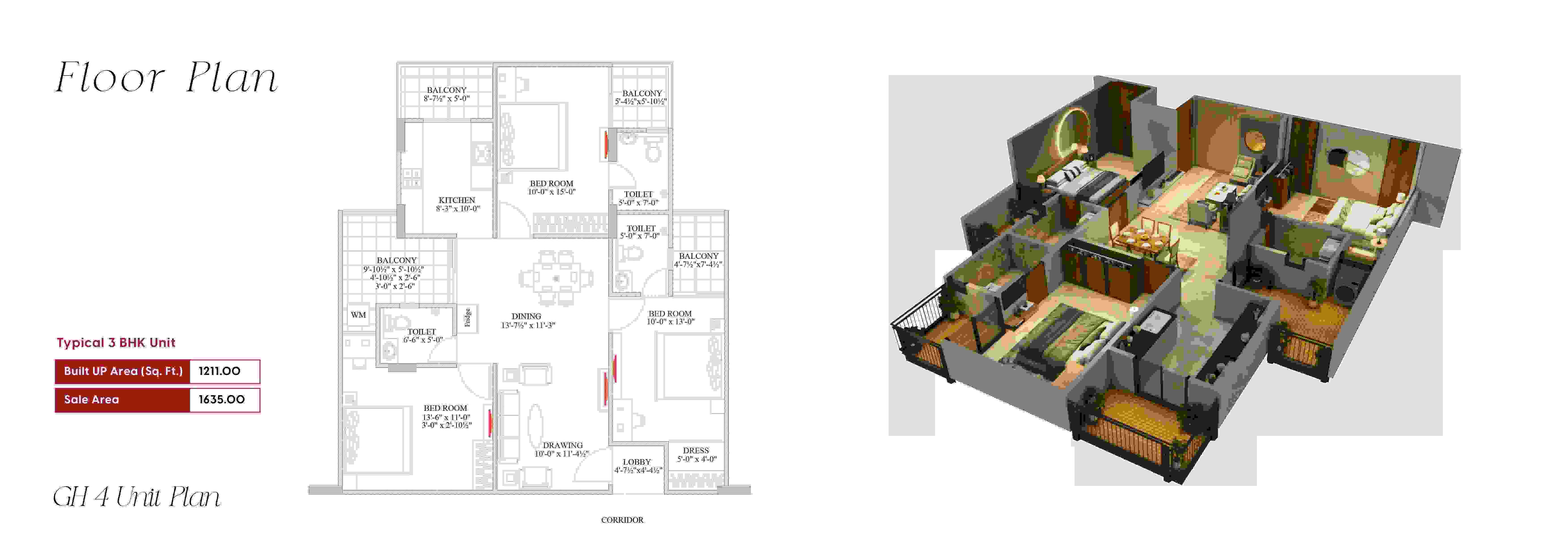 Architectural floor plan layout for a 3 BHK apartment at Gulmohar Heights