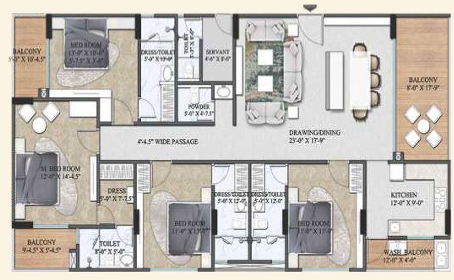 Architectural floor plan for a 4 BHK apartment with servant room at The Crown