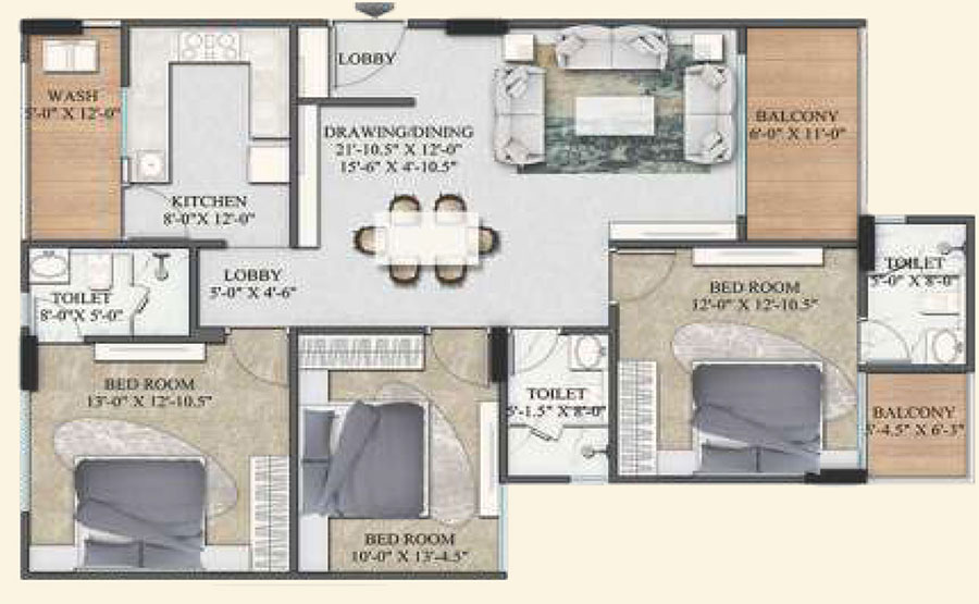 Type A architectural floor plan for a 3 BHK apartment at The Crown