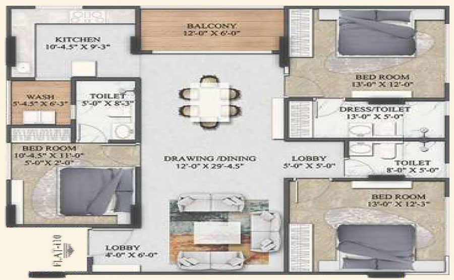 Type B architectural floor plan for a 3 BHK apartment at The Crown