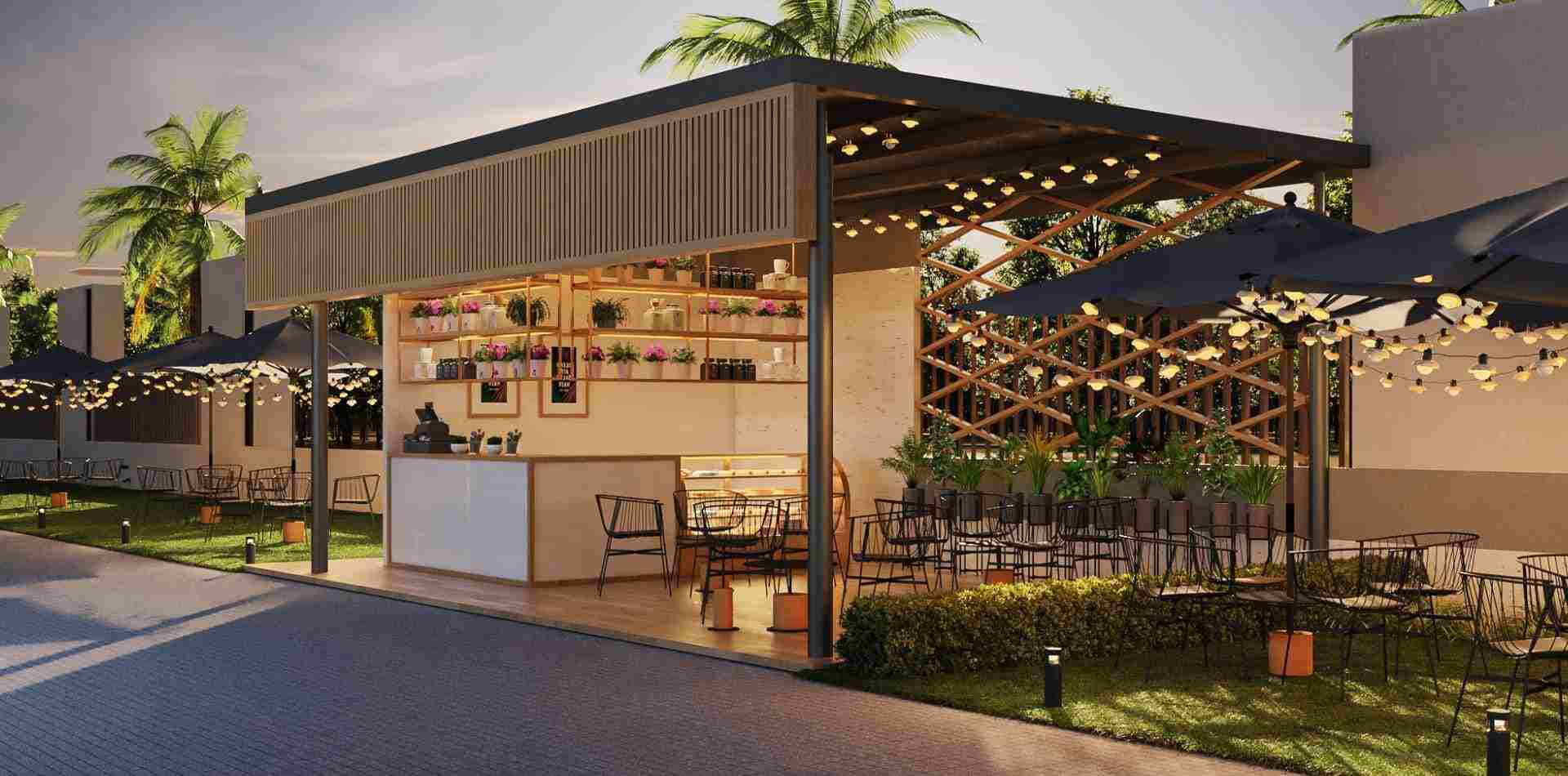 3D rendering of the open-air café and relaxation area at Gulmohar Heights