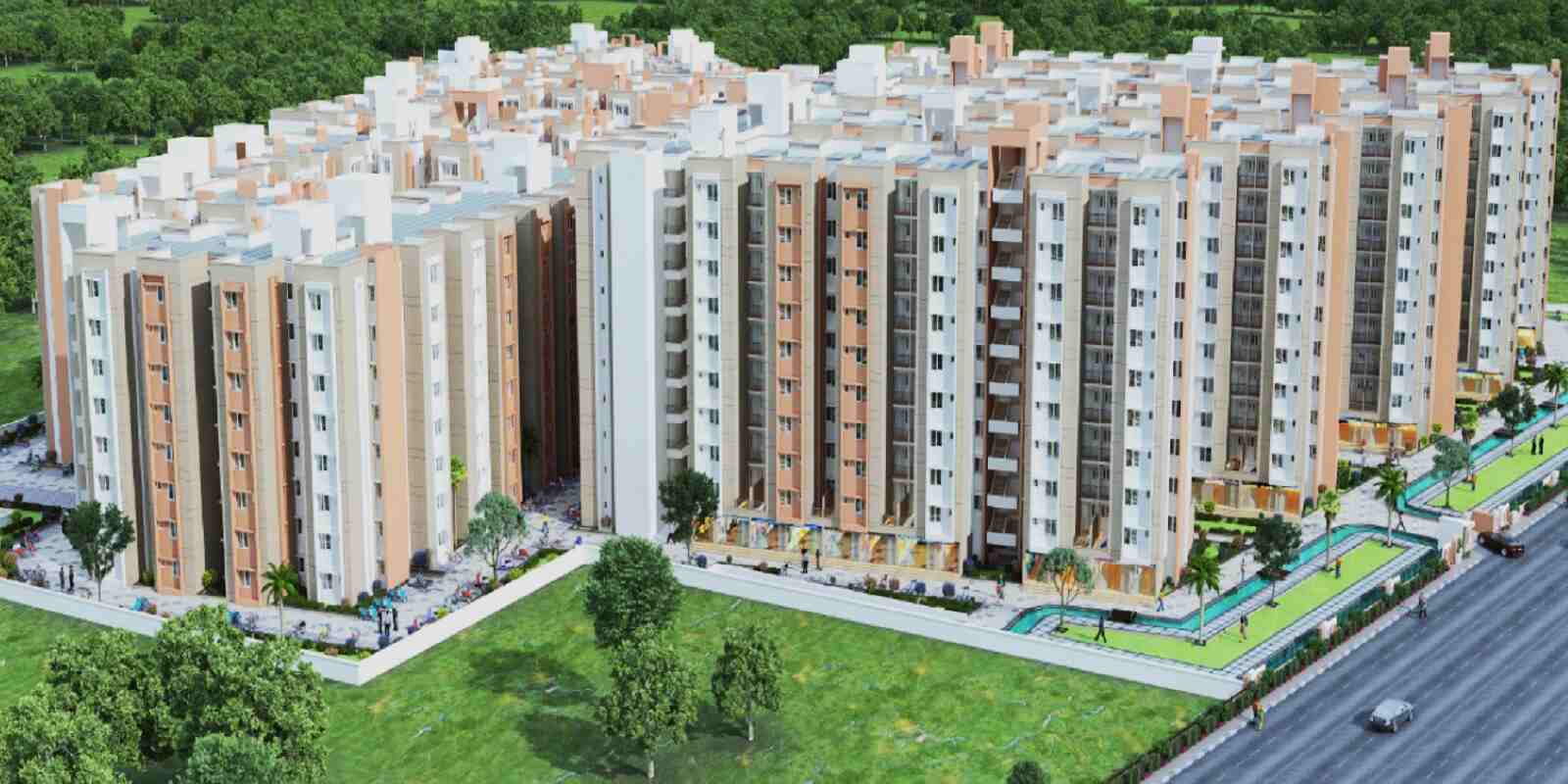 Aerial photograph of the Ghar Aangan residential apartment complex in Mansarovar